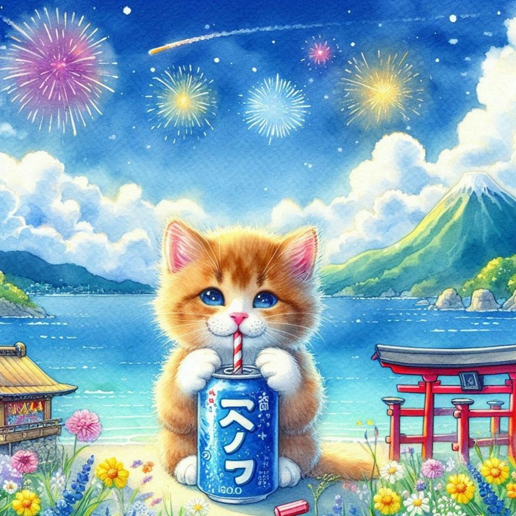 水彩風　キンキンに冷えたラムネを飲む子猫