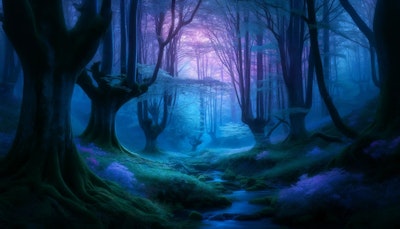 夕闇に照らされる神秘的な森