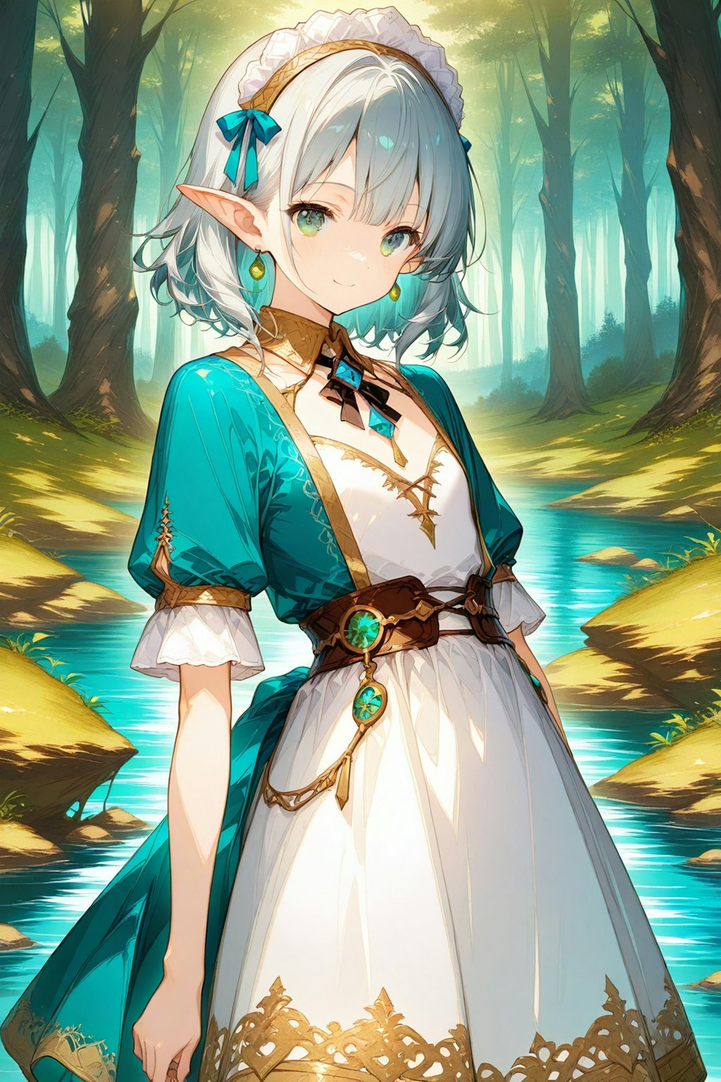 森の湖に佇むエルフの美少女　－プロンプトお借りしました－