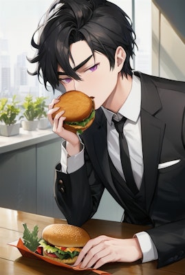 ハンバーガーを食べる黒髪短髪男性達！！（11枚）