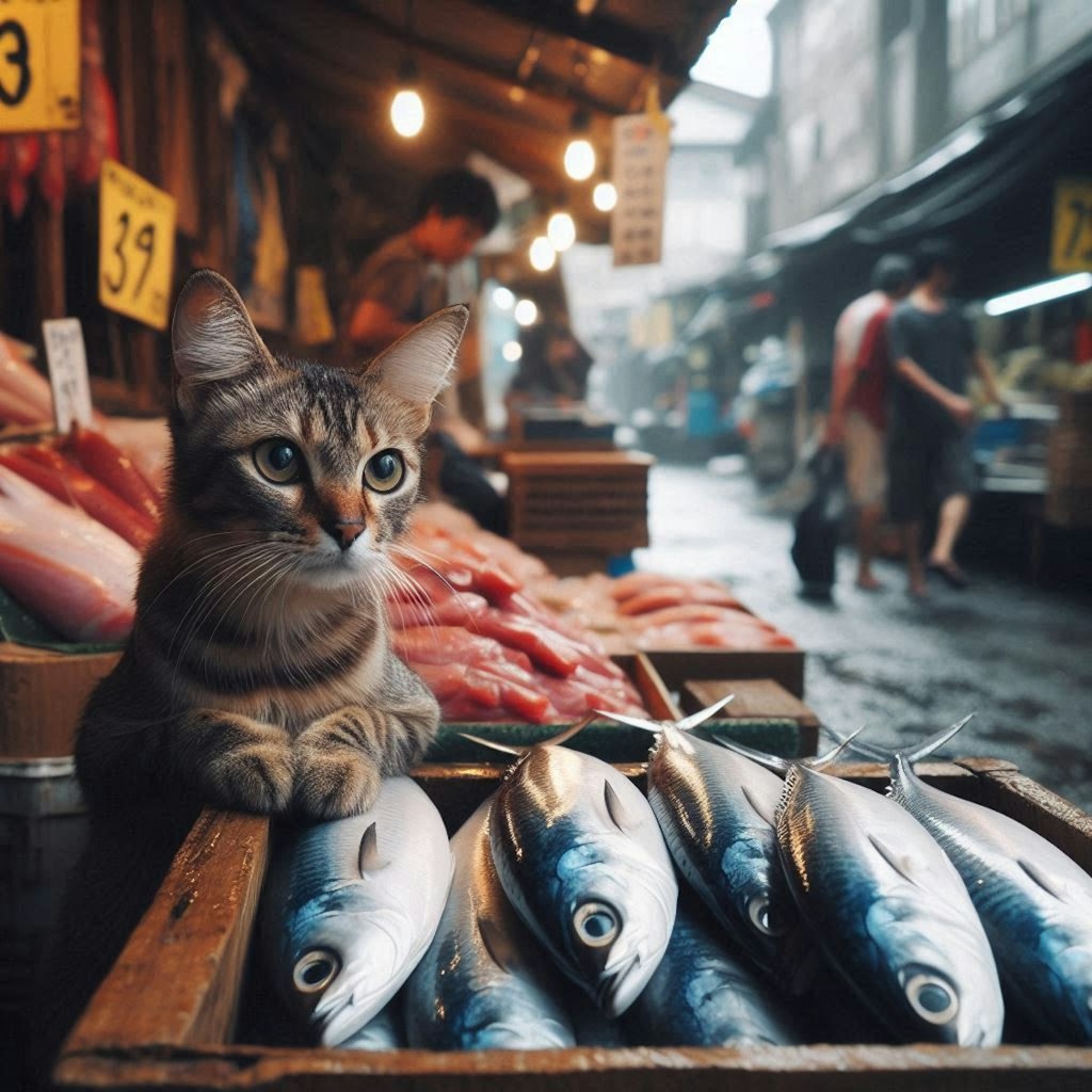 市場で働く猫