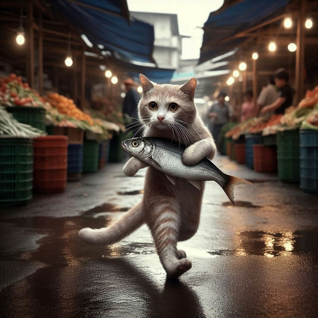市場で働く猫