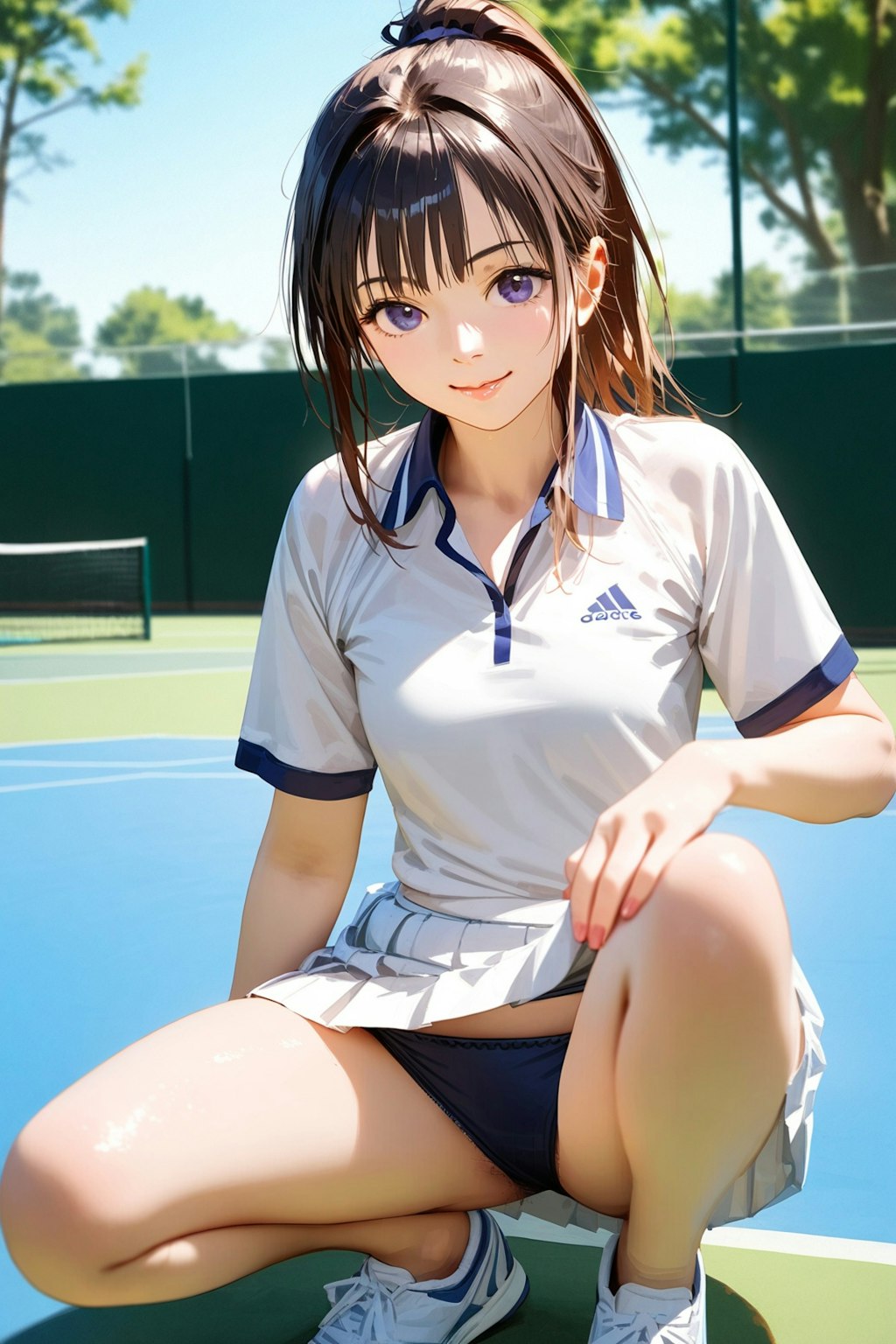 テニス女子しゃがみ紺ブルマ