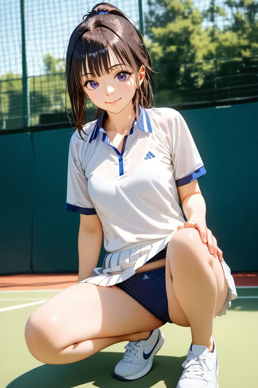 テニス女子しゃがみ紺ブルマ