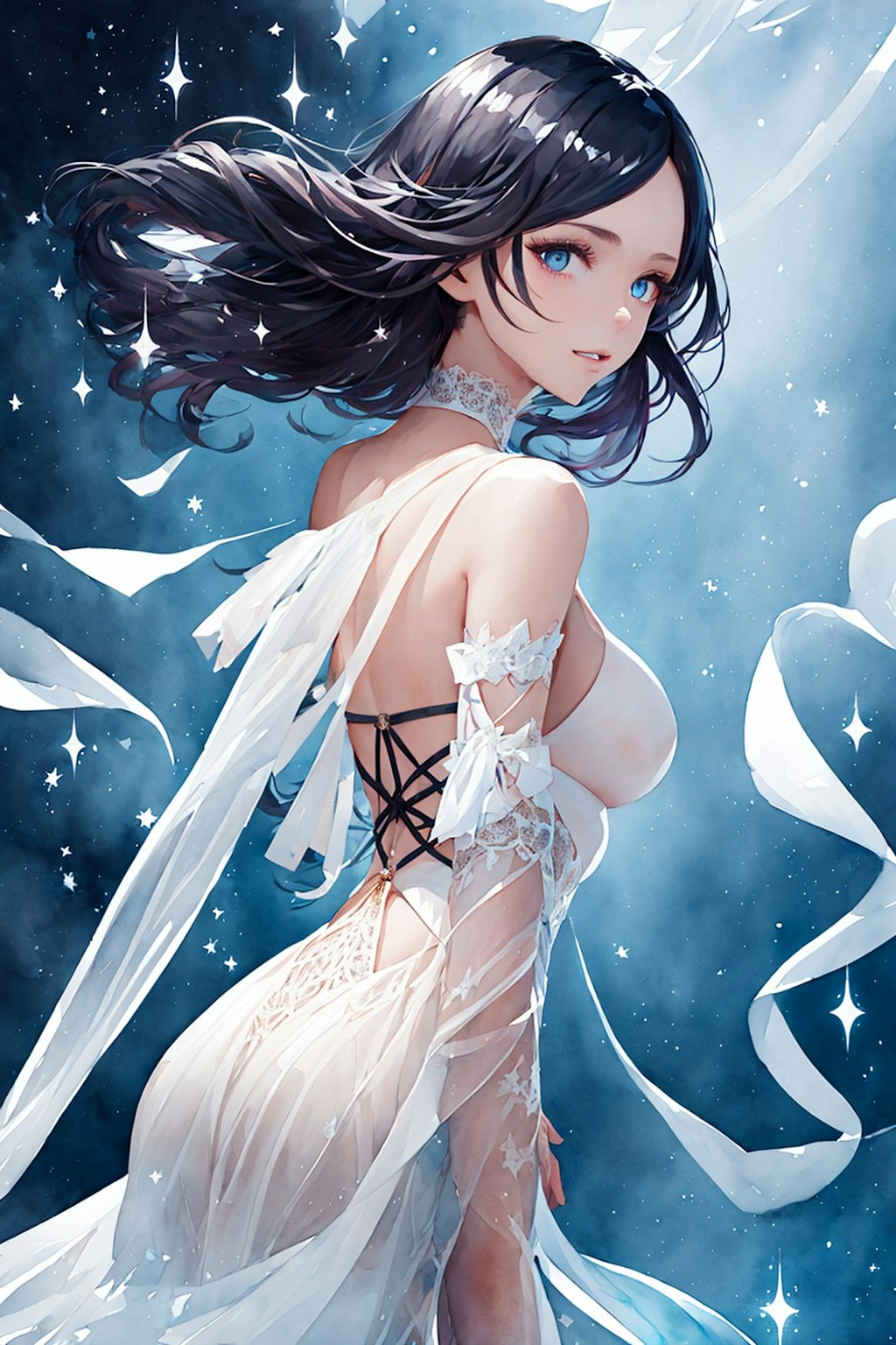 星空と白いドレスの姉さん