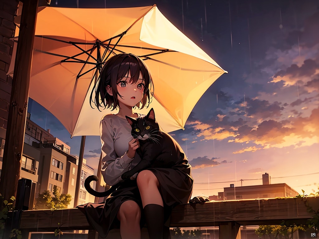 【二次元】雨と猫と少女