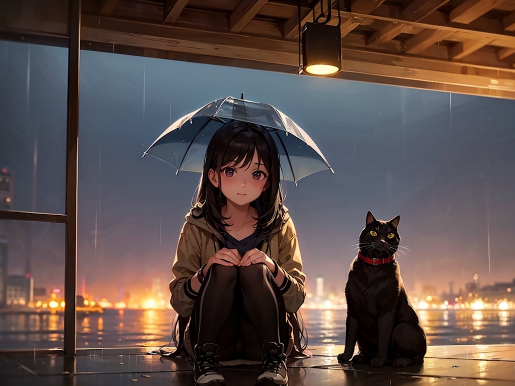 【二次元】雨と猫と少女