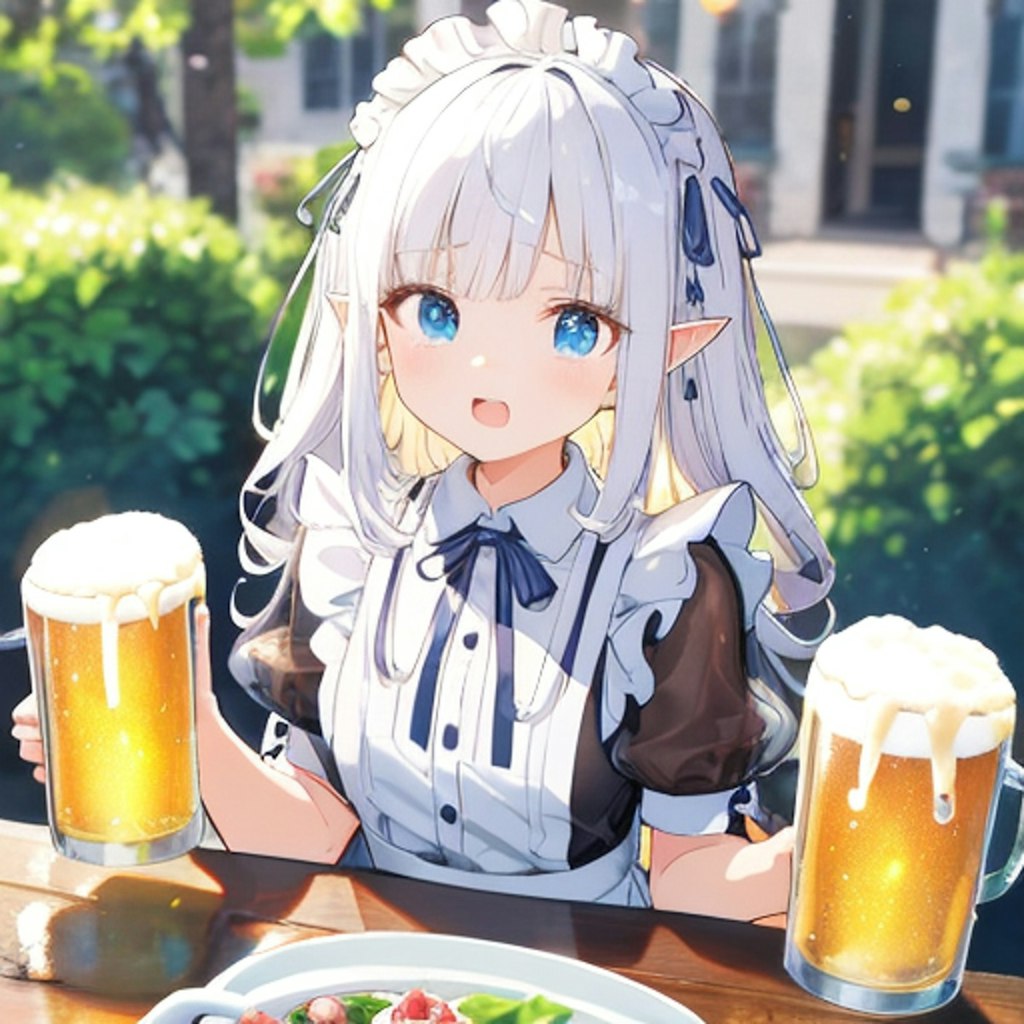 エルフだからビール飲めるんですよぉ。