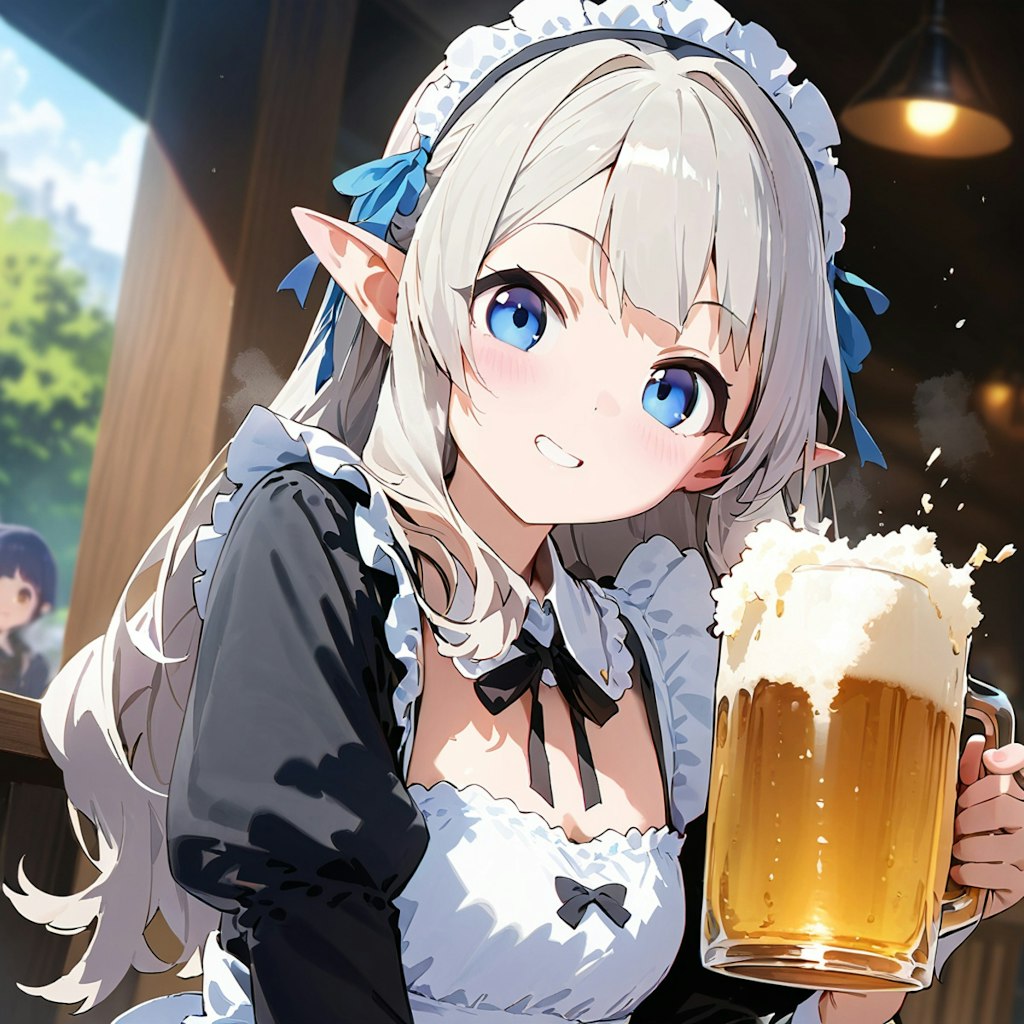 エルフだからビール飲めるんですよぉ。