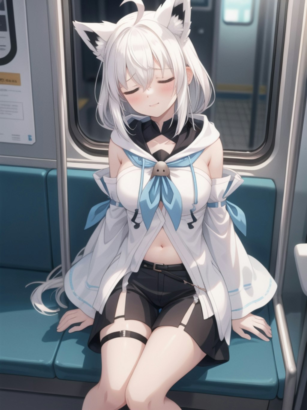 電車の振動で眠たそうにウトウトする白上フブキ様のファンアートをAI先生にお願いした結果がこちら(#aiart/#白上フブキ/#ホロライブ/#Vtuber)