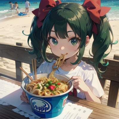 seafoodnoodleを食べる幼あおいちゃん