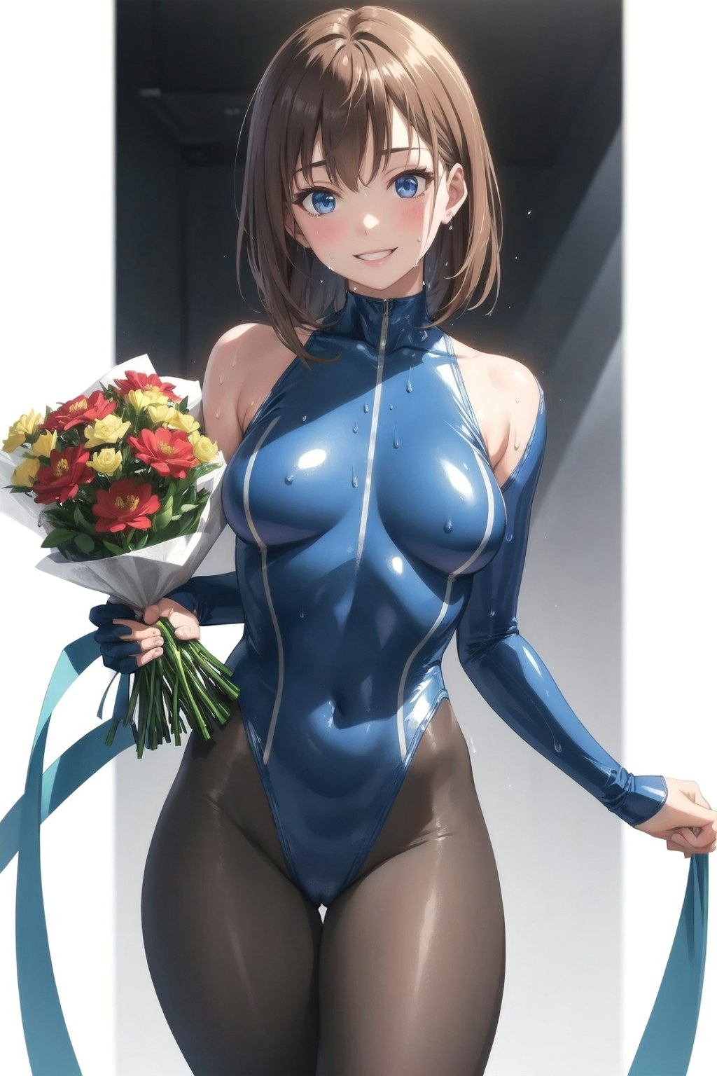 Skintight beauty holding flowers