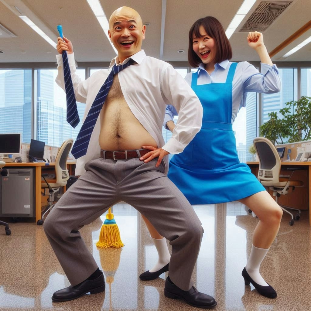 掃除のおばちゃんと踊るハゲ部長