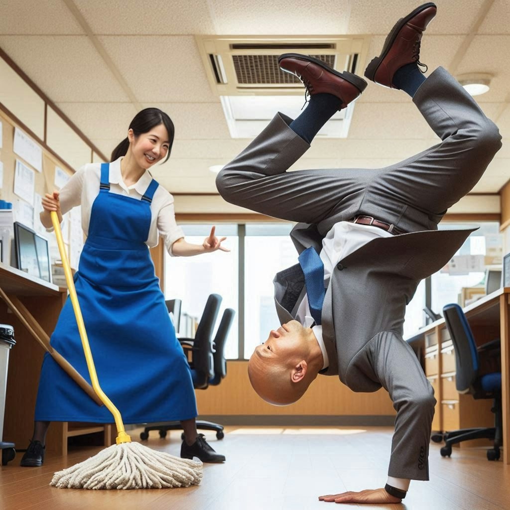 掃除のおばちゃんと踊るハゲ部長