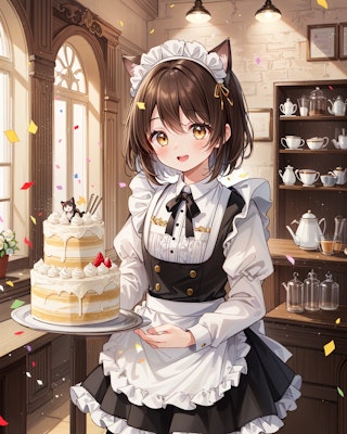 大きなホールケーキを運ぶ喫茶店で働く猫娘