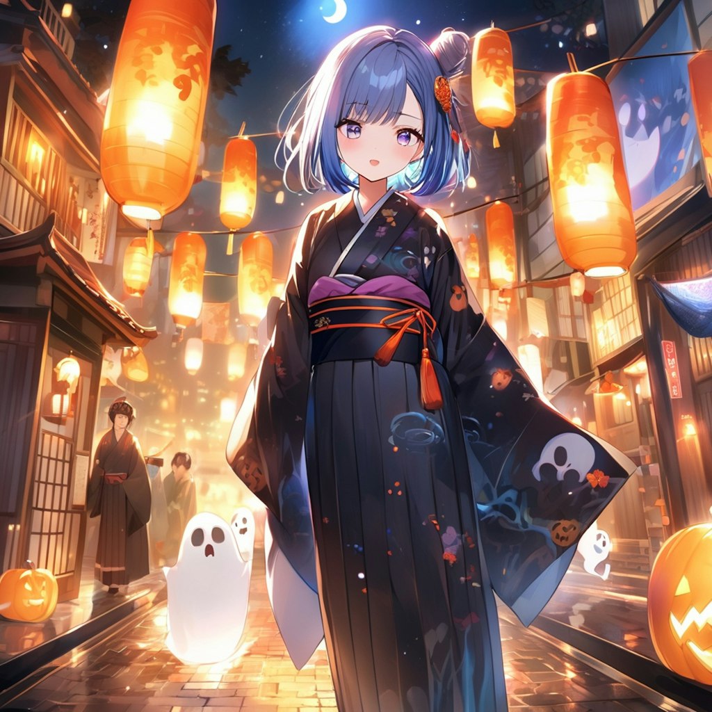 着物姿の女の子とハロウィン