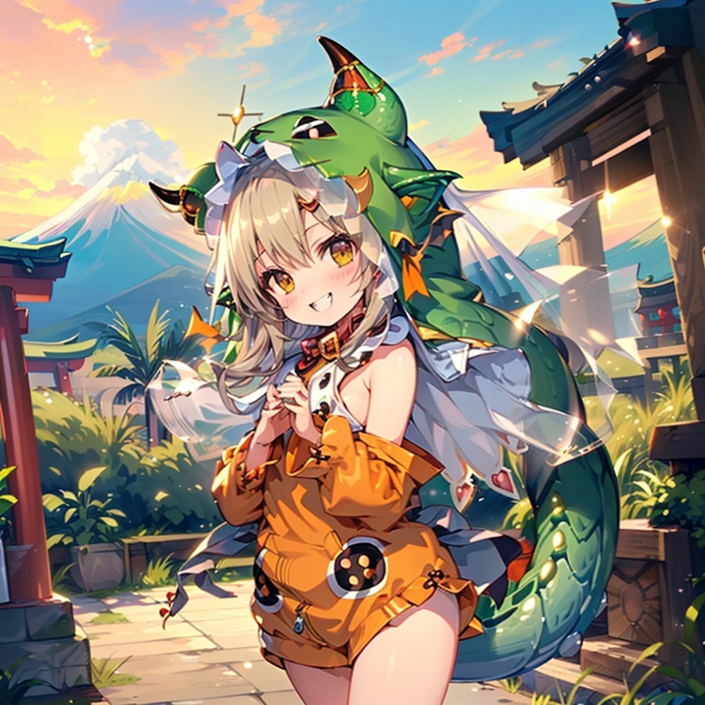 富士山とドラゴン着ぐるみ少女🐉🐲