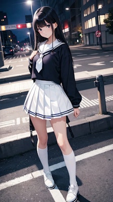 紺×白×白のセーラー服と下校途中の女子高生