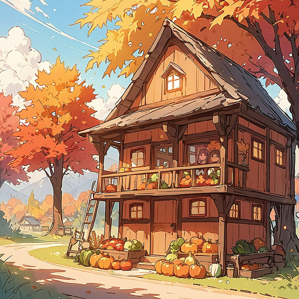 紅葉に建つ小屋