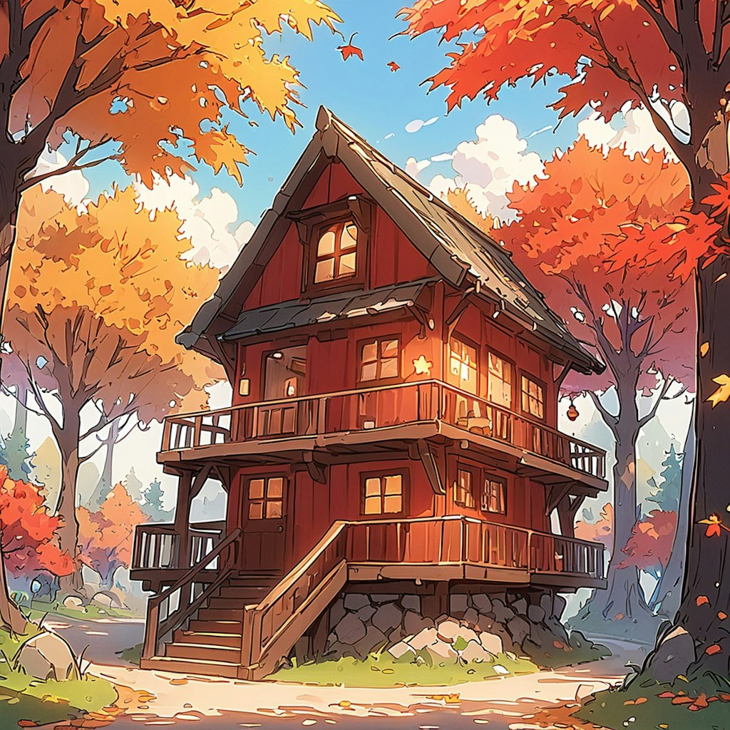 紅葉に建つ小屋