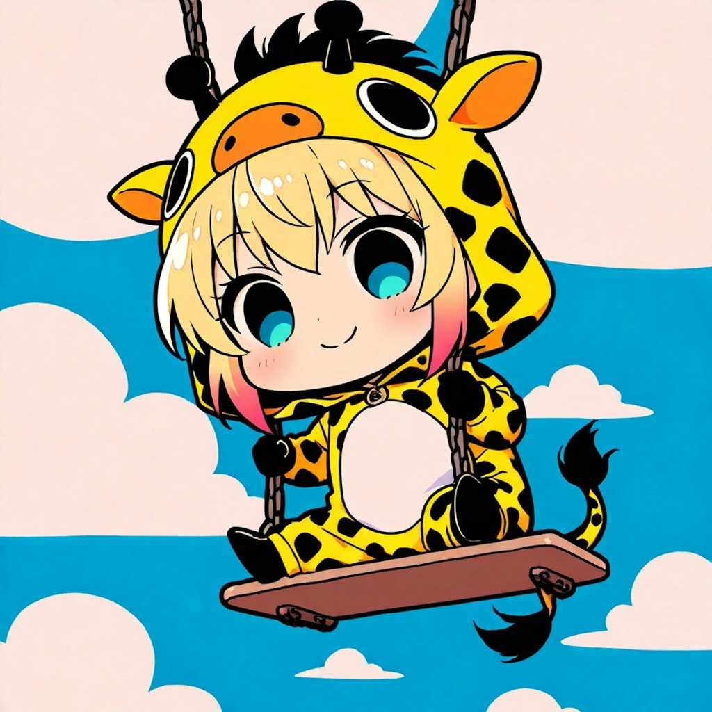 お空のブランコで遊ぶキリン着ぐるみちび子ちゃん