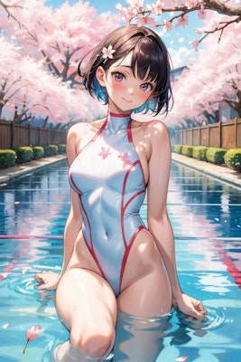 ハイレグショートちゃん達と桜舞い散るプールで水着撮影会！
