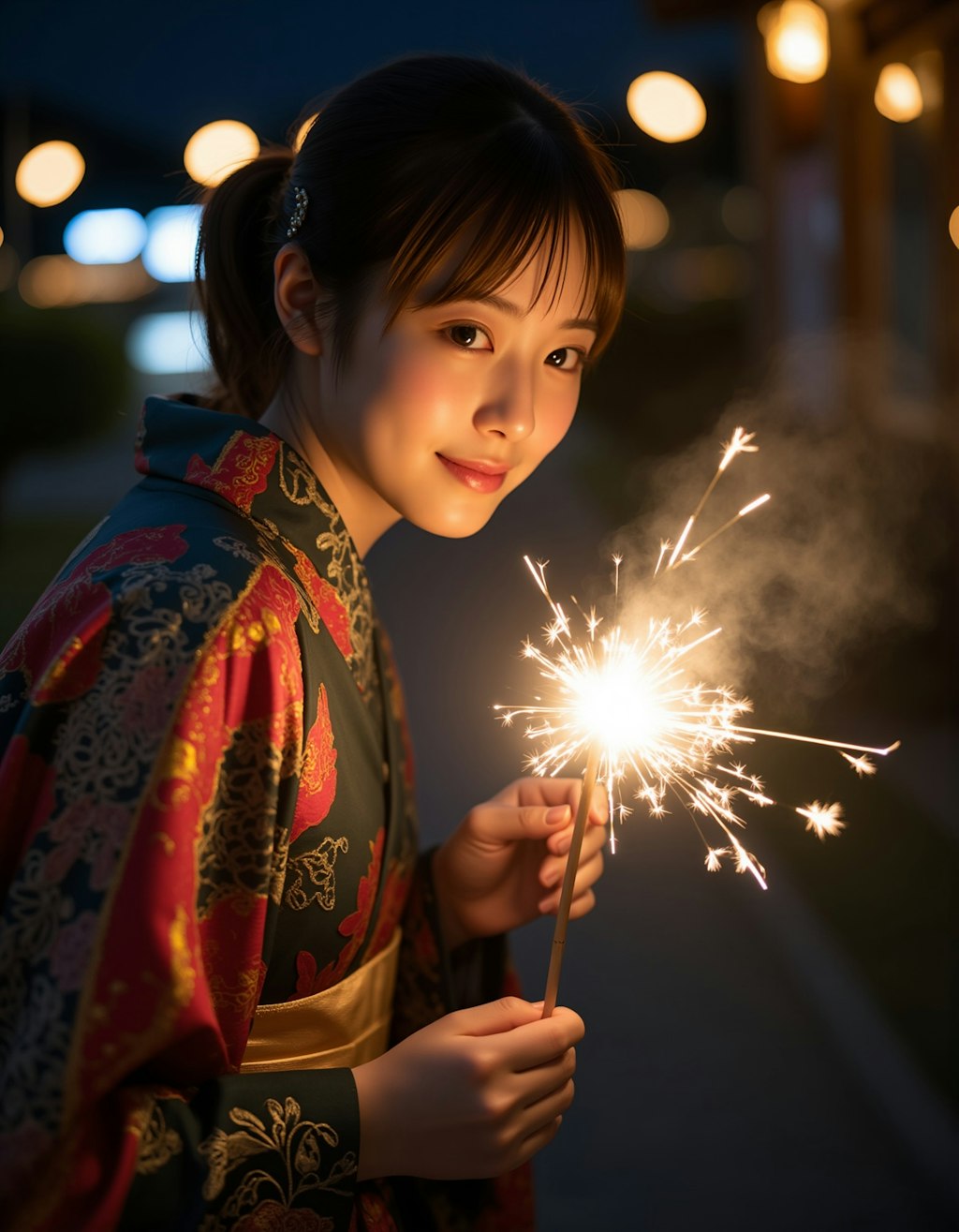 花火をする女性