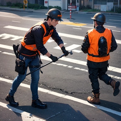 ちちぷい対抗マラソン後道路を舗装する職員達