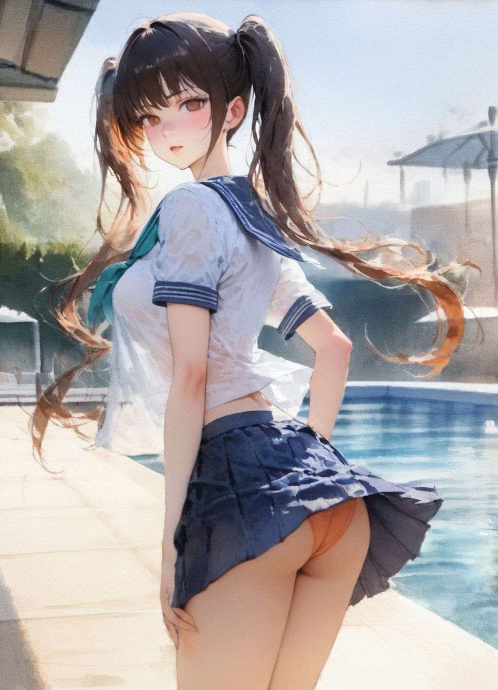 濡れ少女　撮影会風景（水彩画風）