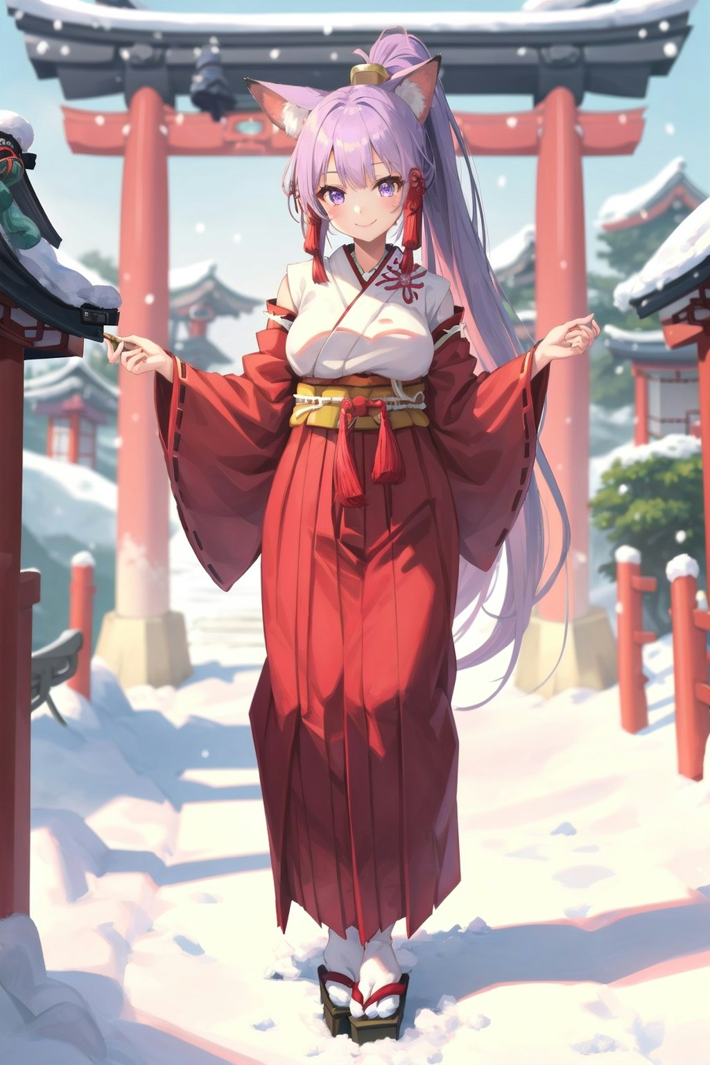 雪の日の神社の狐巫女さん