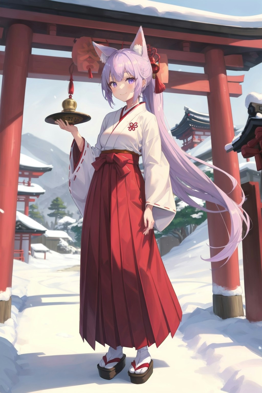 雪の日の神社の狐巫女さん