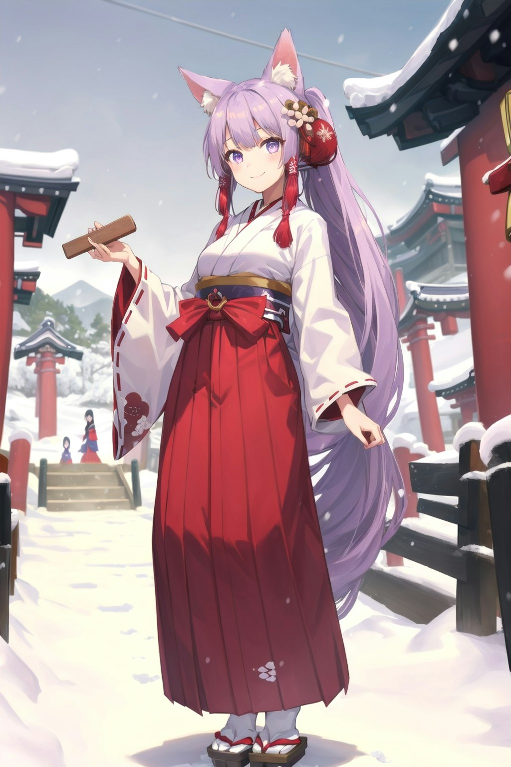 雪の日の神社の狐巫女さん