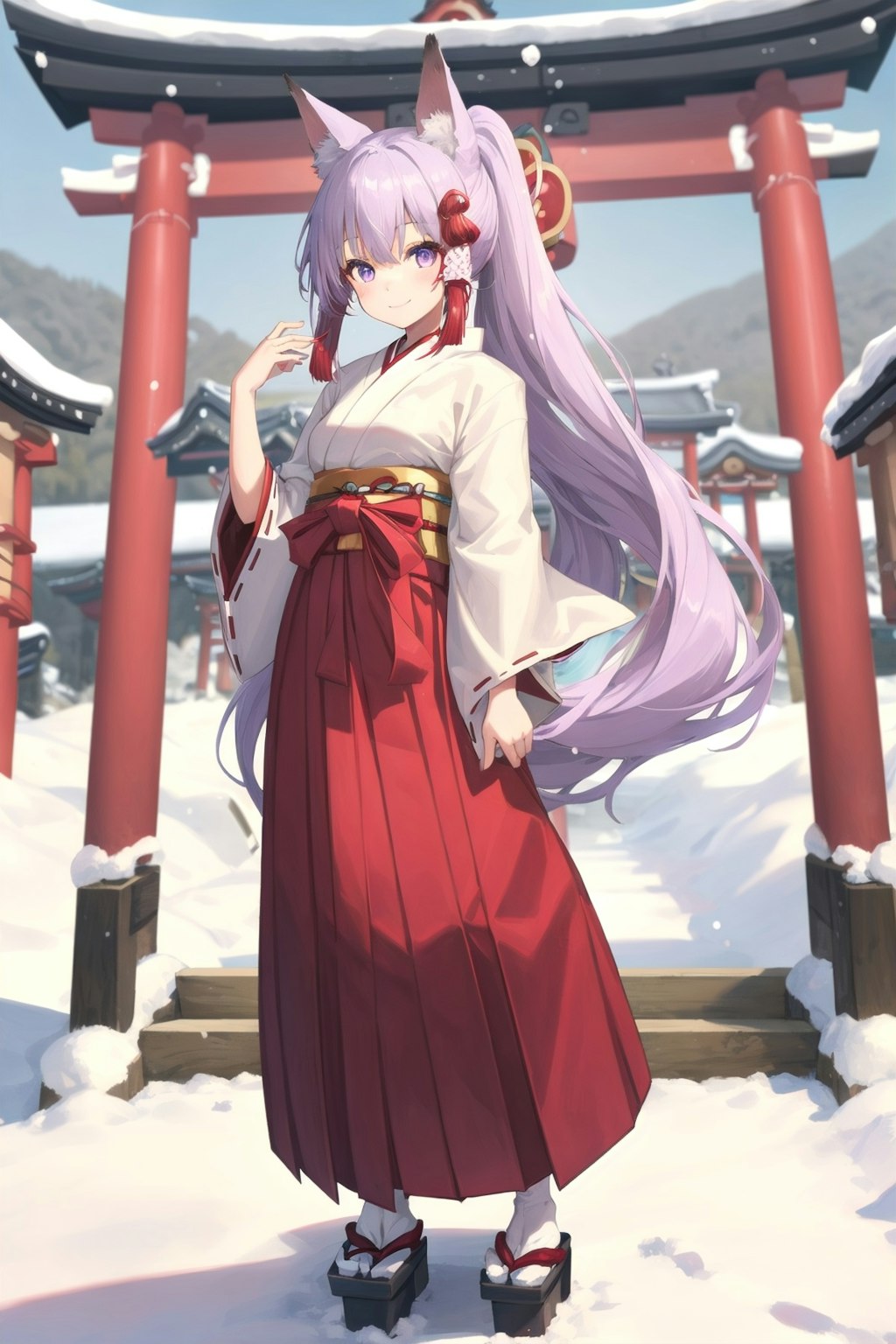 雪の日の神社の狐巫女さん