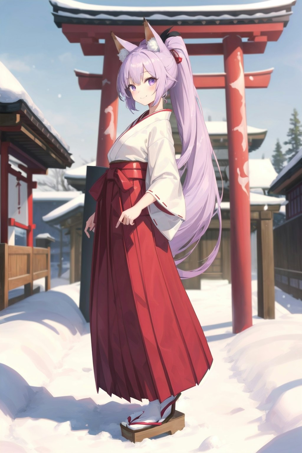 雪の日の神社の狐巫女さん