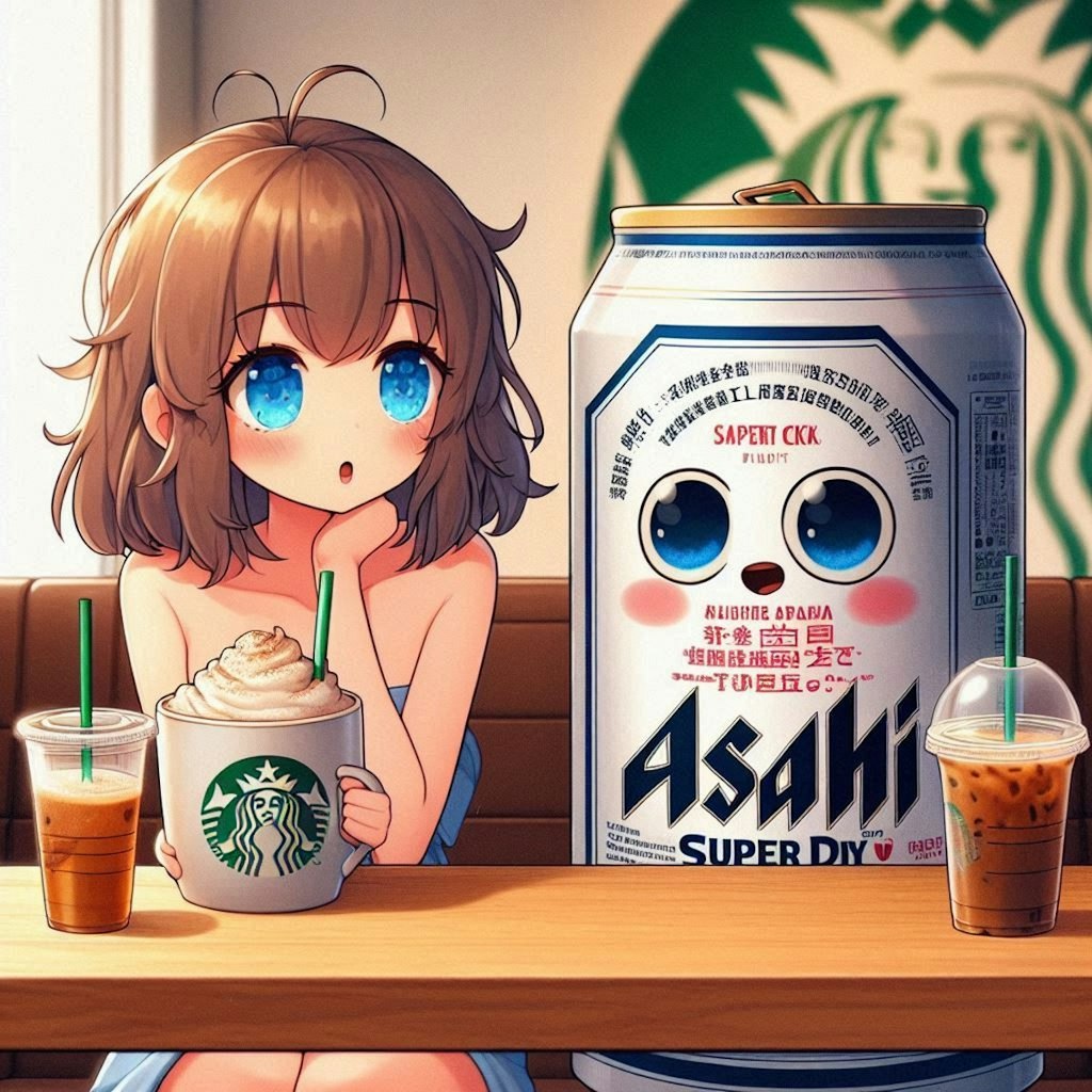 スタバでカフェブレーク中のビールと小さな女の子