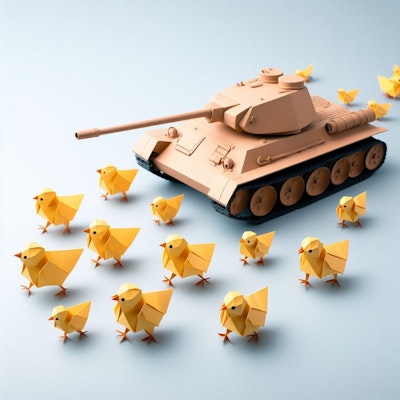 A tank leads chicks or ducklings