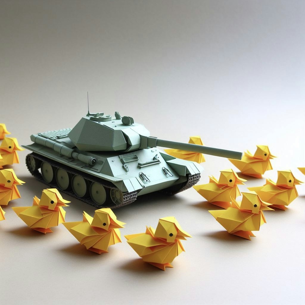 A tank leads chicks or ducklings