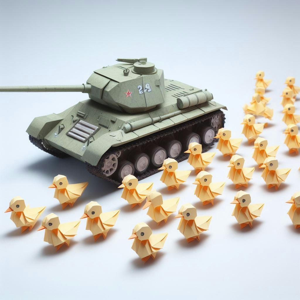 A tank leads chicks or ducklings