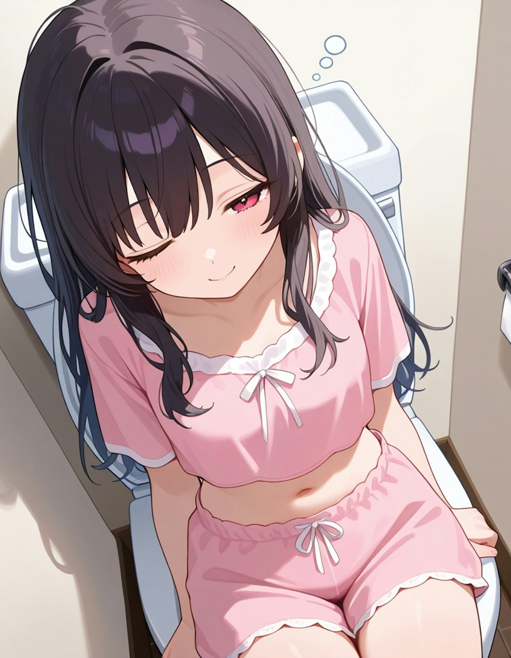 トイレで寝ぼけた状態でウインクしている