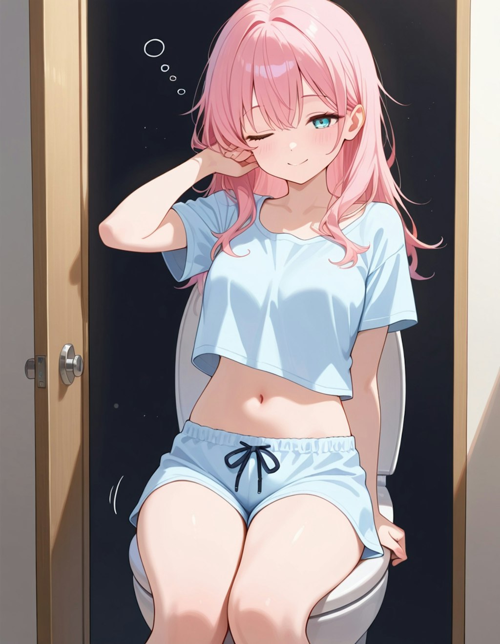 トイレで寝ぼけた状態でウインクしている
