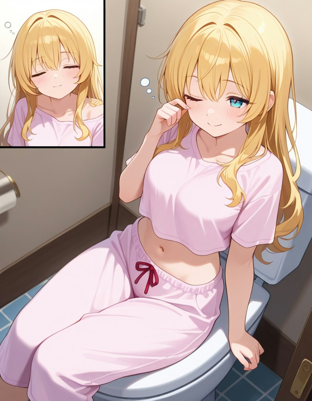 トイレで寝ぼけた状態でウインクしている