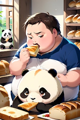 ぽっちゃりさんがバンを食べながらパンダを見てる！