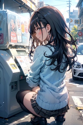 自動販売機の前でしゃがみこむ少女