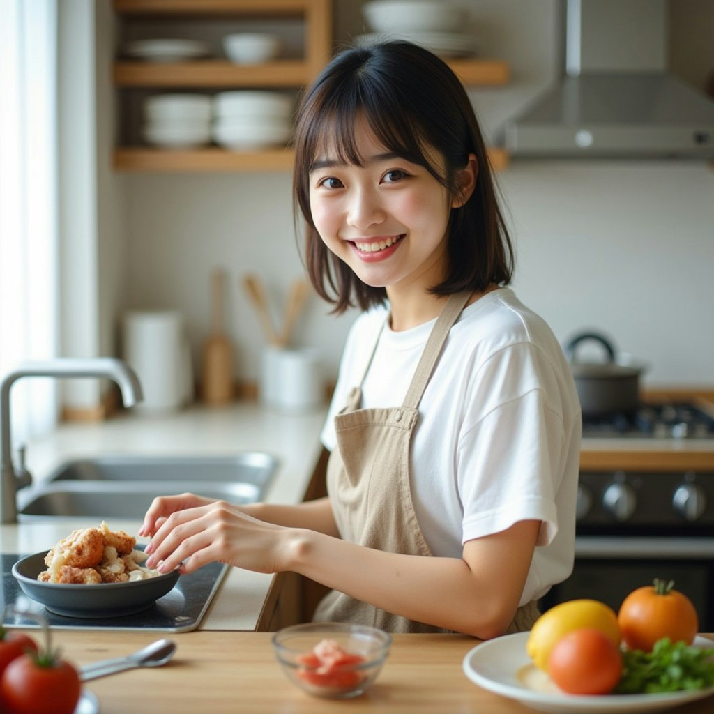 料理中の女子高生