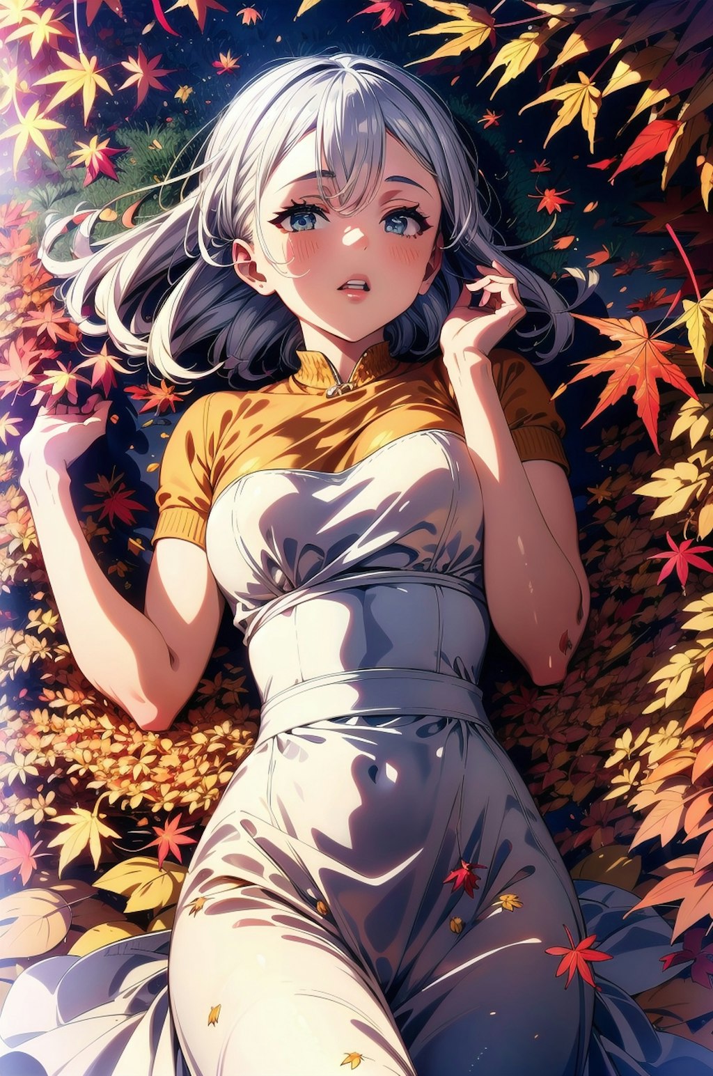 Lying on autumn leaves