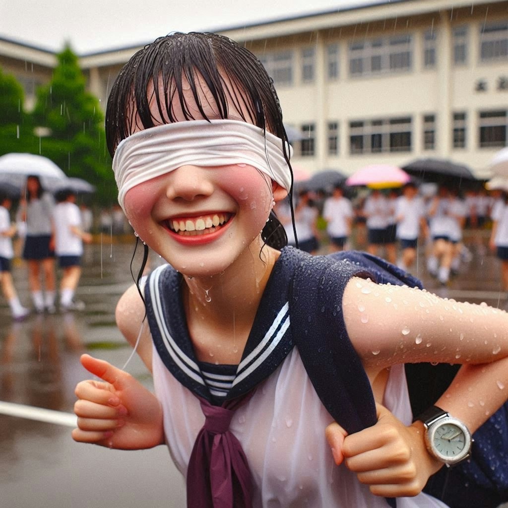 目隠しびしょ濡れ少女