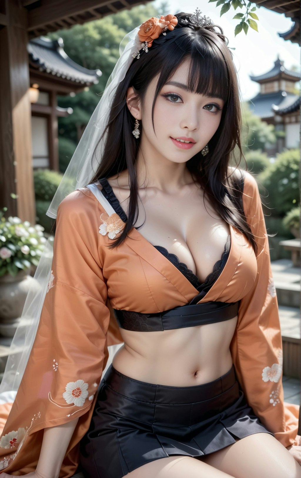 オレンジの着物美女