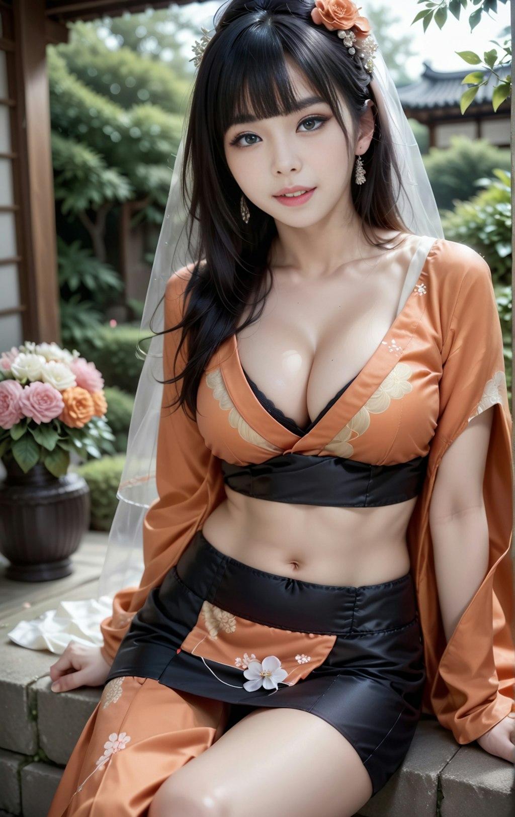 オレンジの着物美女