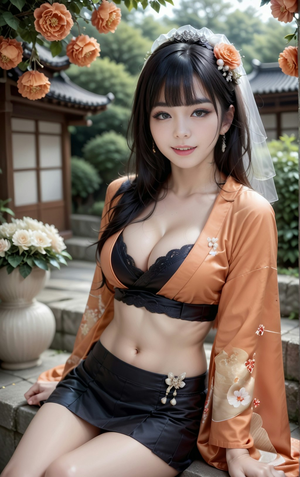 オレンジの着物美女