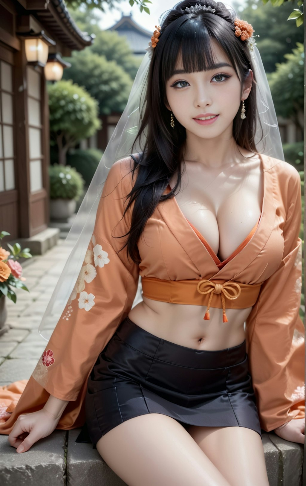 オレンジの着物美女